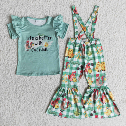 E9-15 Green Short Sleeve Life Is Better With Chickens Overalls
