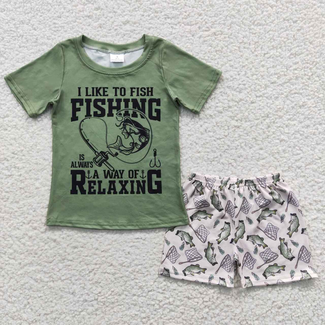 BSSO0257 Green Short Sleeve I like To Fish Fishing Boys Summer Set