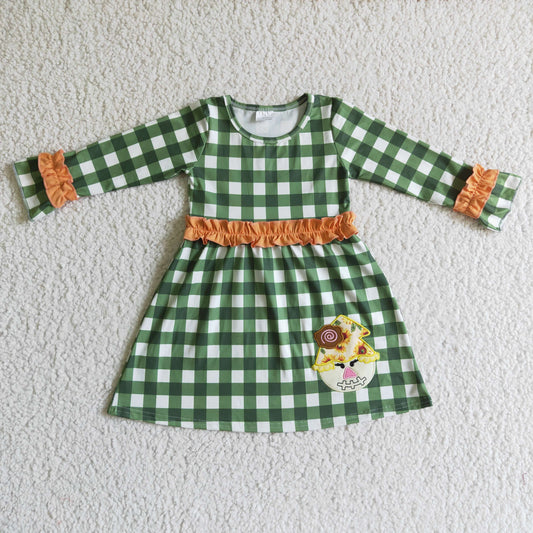 GLD0067 Fall Embroidery Green Plaid Print Scarecrow Dress