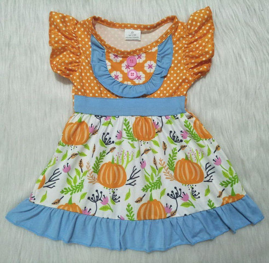 Fall Ruffles Sleeve Pumpkin Print Baby Girls Casual Dress