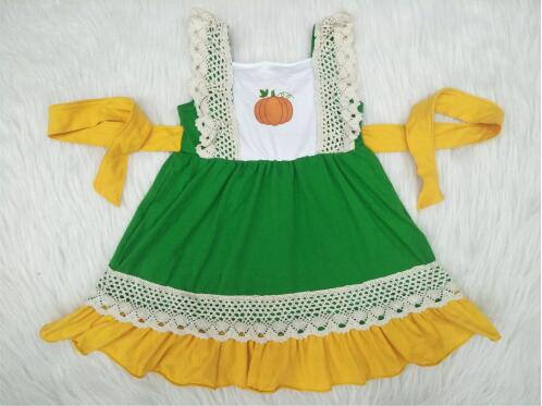 Green Lace Ruffles Cotton Fabric Fall Girls Casual Dress