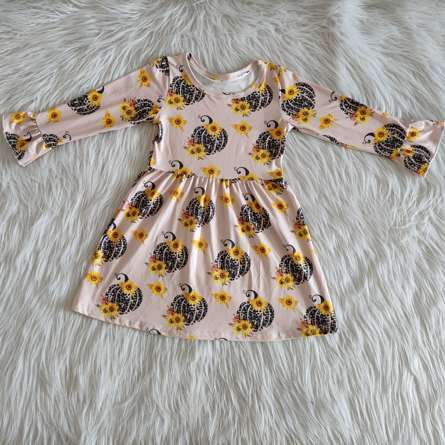 Best Selling Kids Fall Leopard Print Sunflower Pumpkin Casual Dress