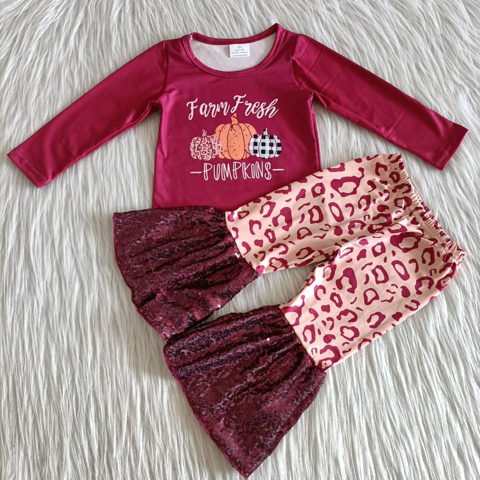 Fall Baby Girls Tunic Long Sleeve Pumpkin Match Leopard Print Sequin Bell-bottom Pants Sets