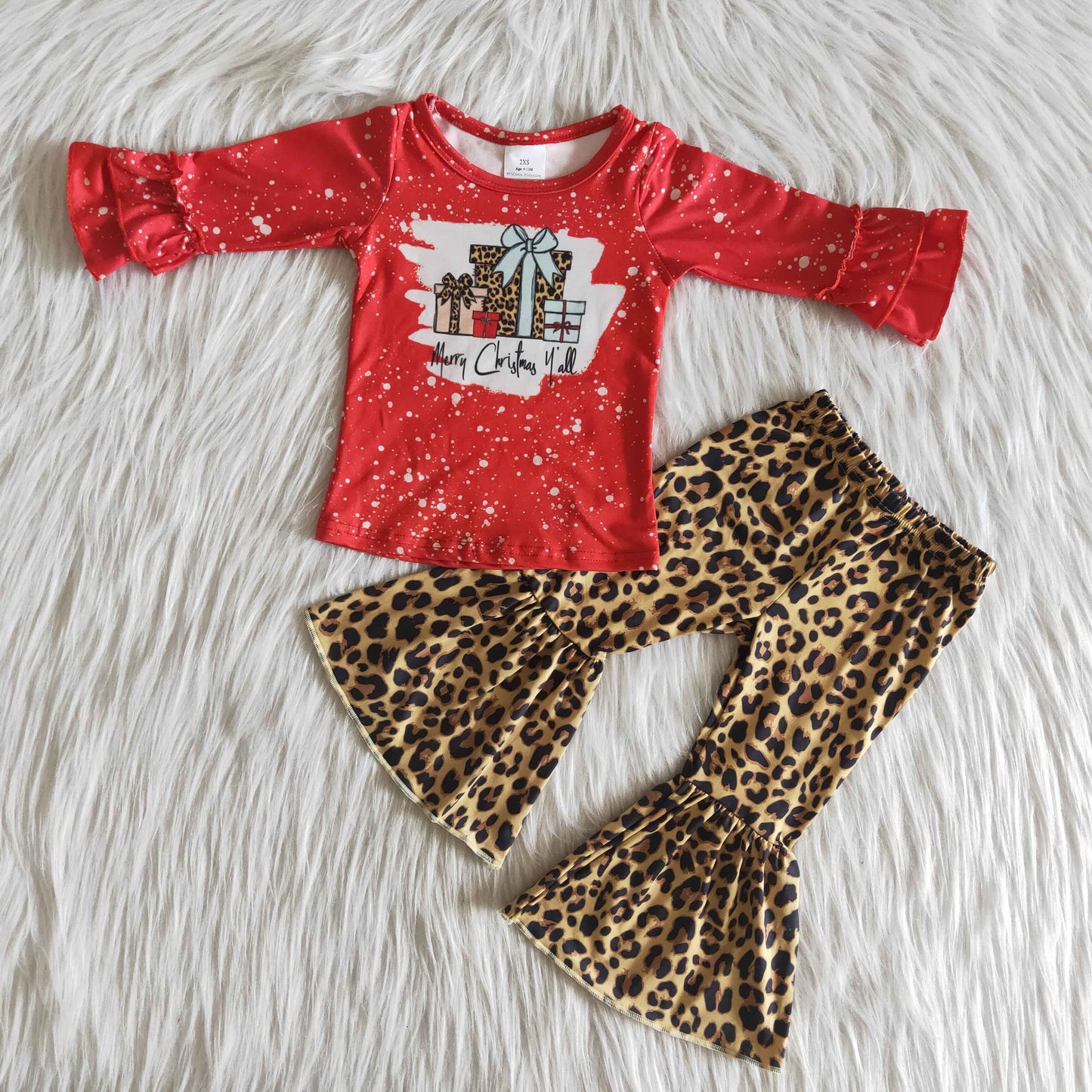 Christmas Gift Baby Girls Long Sleeve Red Bleach Design Leopard Print Kids Outfits