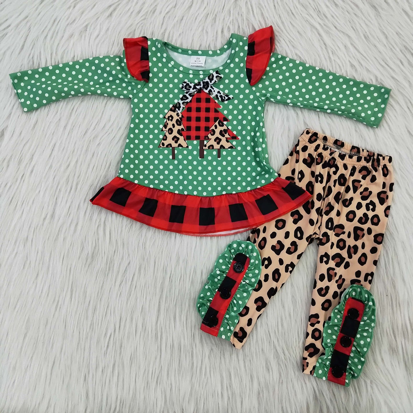 Christmas Long Sleeve Tree With Leopard Print Pants Kids Outfits