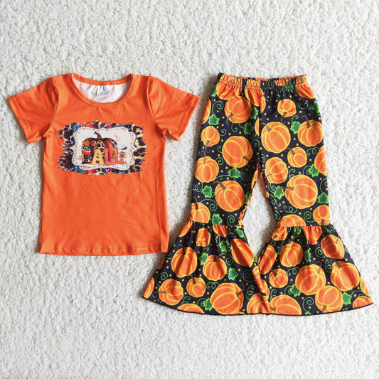 Top Quality Short Sleeve Fall Pumpkin Pumpkin Pants Kids Outfits