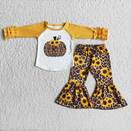 Sunflower Leopard Print Pumpkin Girls Fall Sunflower Print Pants Kids Outfits
