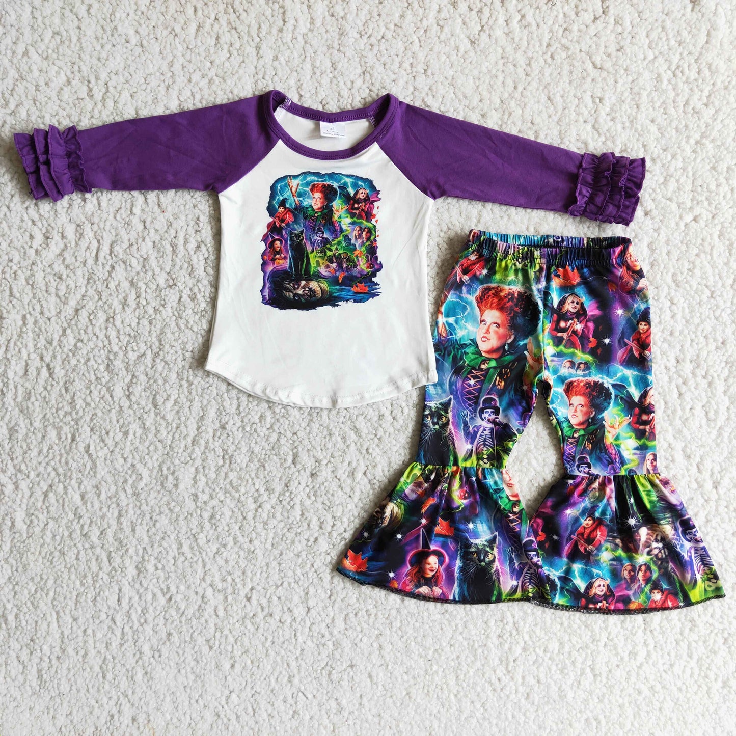 Hot Sale Halloween Raglan Purple Sleeve Cartoon Match Bell-bottom Fashion Kids Wear Sets