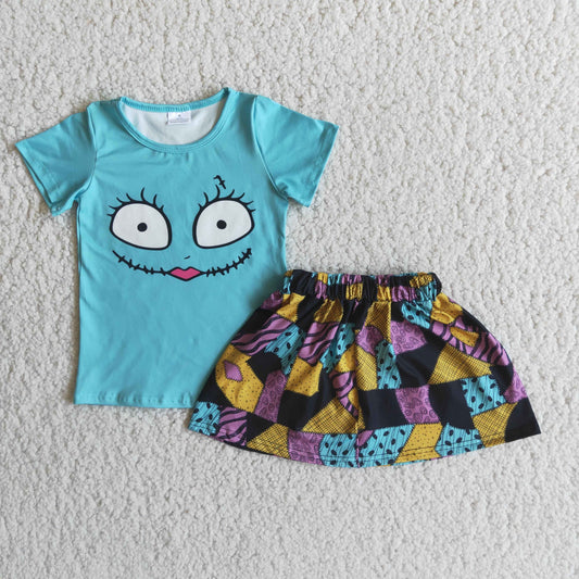 Halloween Short Sleeve Blue Cartoon New Design Match Patch Skirts 2PCS Kids Clothing