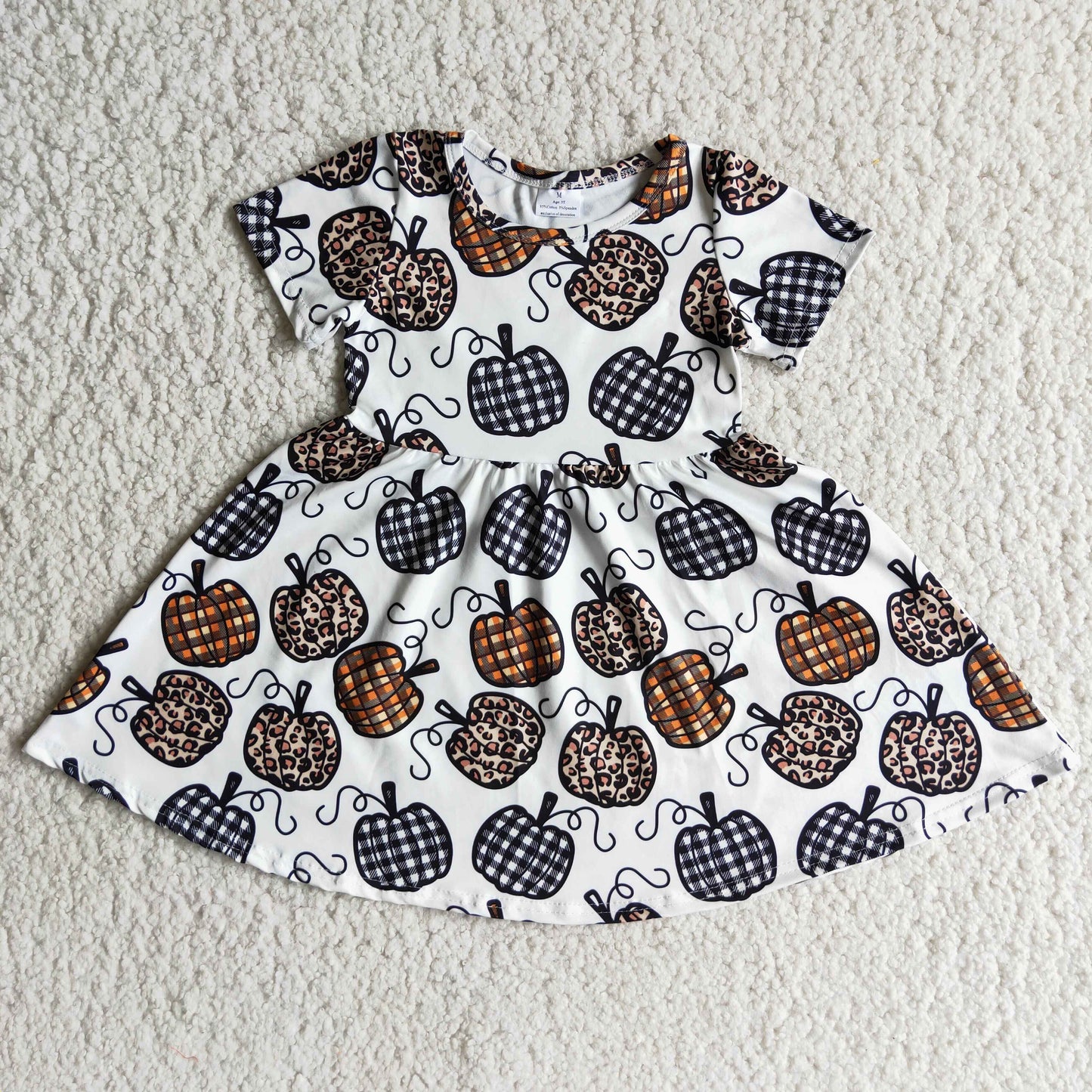 Short Sleeve Fall Girls Pumpkin Print Twirl Casual Dresses