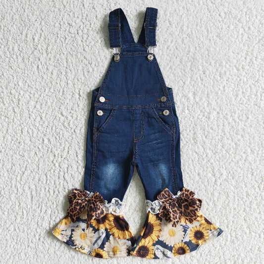 Overalls Baby Girls Sunflower Ruffles Denim Jeans With Bow