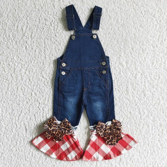 Overalls Baby Girls Plaid Print Ruffles Denim Jeans With Bow