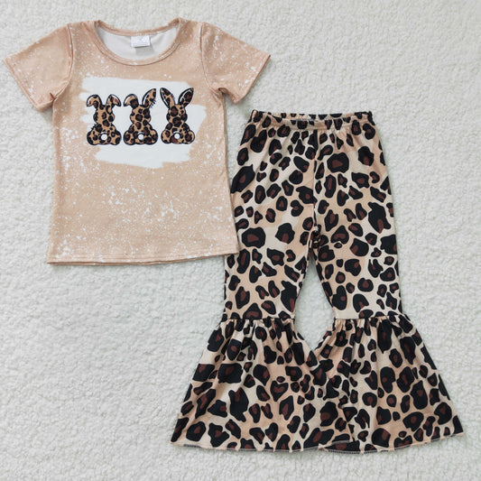 GSPO0245 Easter Short Sleeve Bunny Leopard Print Baby Kids Outfits