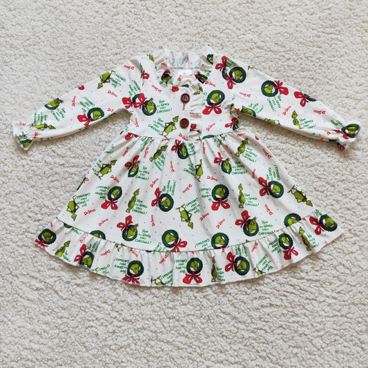 Cartoon Baby Girls Christmas Print Long Sleeve Gown