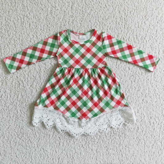 GLD0023 Christmas Plaid Print Lace Baby Girls Dress