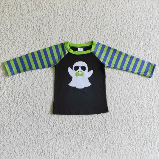 BT0066 Halloween Embroidery Ghost Striped Print Boys Shirts Top