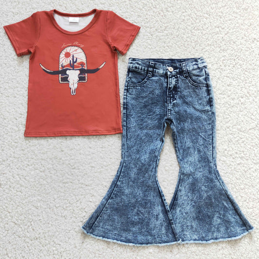 GSPO0399 Western Cow Skull Short Sleeve Denim Jeans Girls Outfits