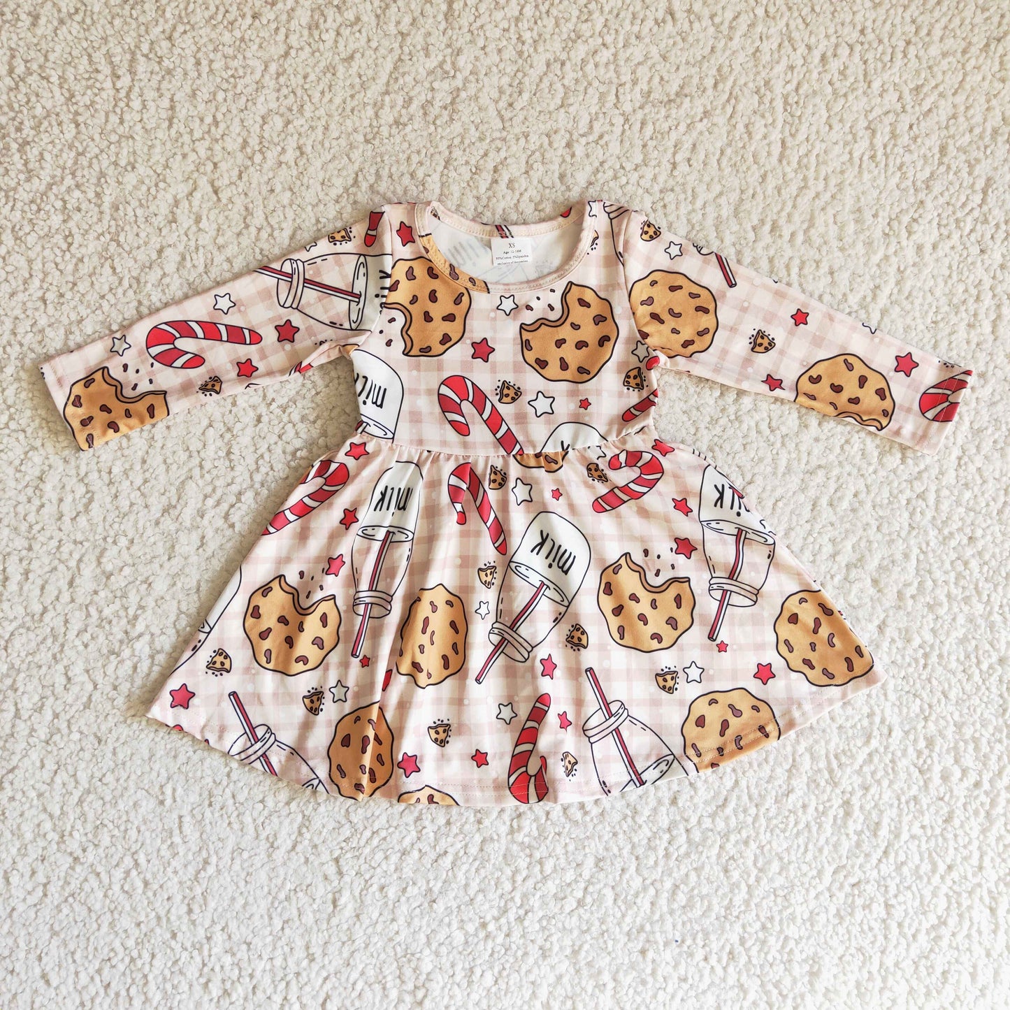 GLD0114 Christmas Milk Cookie Cane Candy Long Sleeve Girls Dress