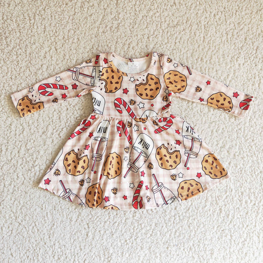 GLD0114 Christmas Milk Cookie Cane Candy Long Sleeve Girls Dress
