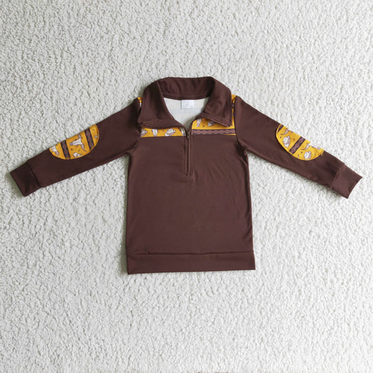 BT0088 Fall Western Cow Skull Brown Boys Pullover