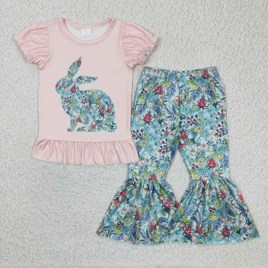 GSPO0341 Easter Pink Short Sleeve Flower Print Bell-pants Girls Outfits