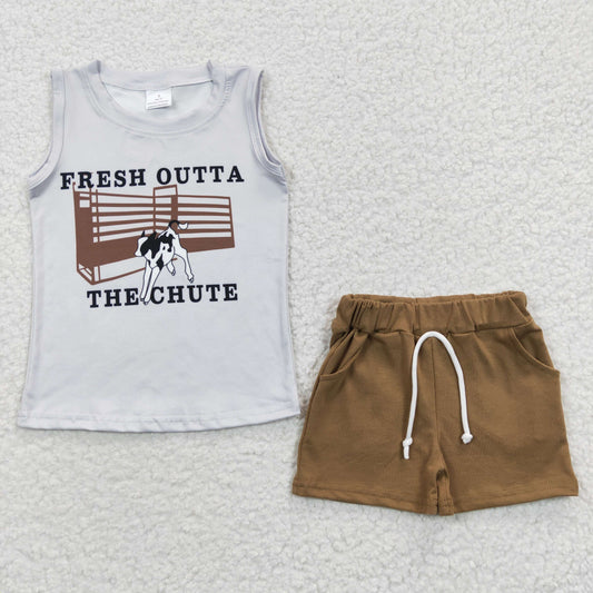 BSSO0223 Sleeveless Fresh Outta The Chute Cow Brown Shorts Boys Summer Set