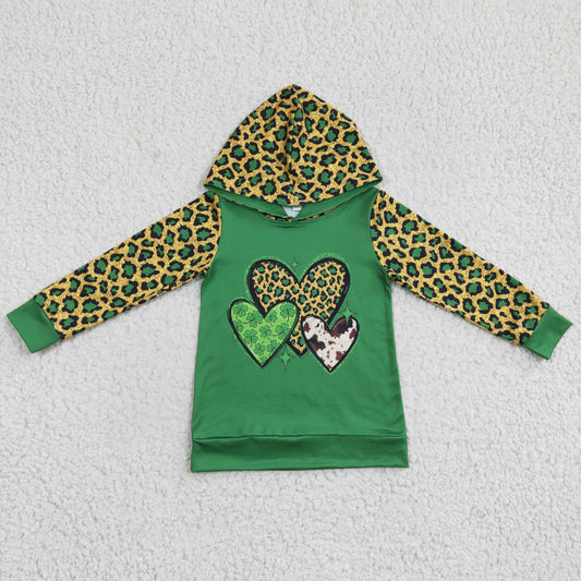 GT0074 St. Patrick's Day Green Love Heart Leopard Print Hoodie Top