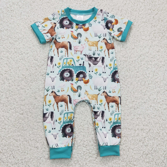 USA SHOP SR0130 Blue Short Sleeve Farm Animal Horse Baby Kids Romper
