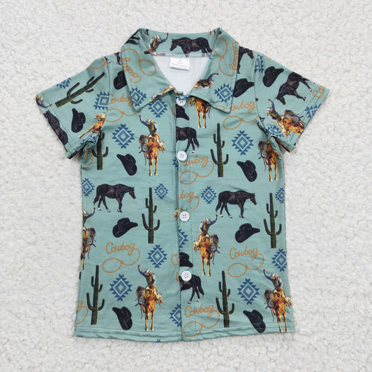 BT0214 Green Western Horse Short Sleeve Boys Shirts