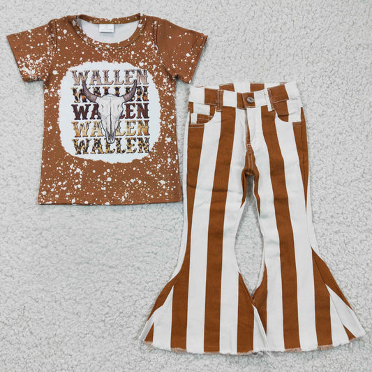 GSPO0409 Cow Skull Western Brown Striped Print Denim Jeans Girls Outfits