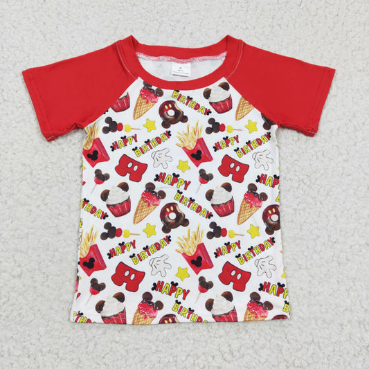 BT0138 Happy Birthday Cake Boys Red Short Raglan Sleeve Boys Shirts Top
