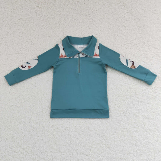 BT0105 Green & Blue Cow Skull Western Boys Pullover