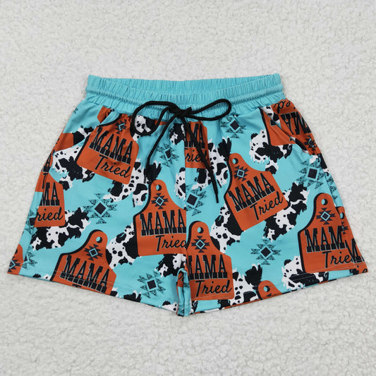 SS0052 Mama Tried Cow Print Turquoise Adult Summer Shorts
