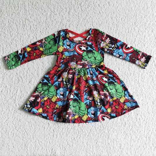 $5.5 GLD0064 Red Baby Girls Long Sleeve Hero Cute Cartoon Dress