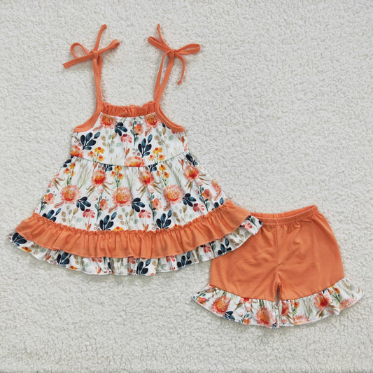 GSSO0194 Orange Heifer Sleeveless Highland Cow Flower Baby Girls Set