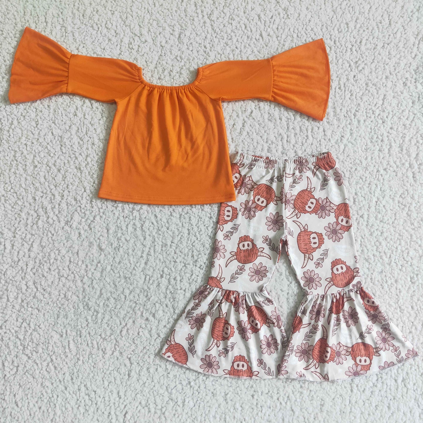 GLP0009 Orange Off Shoulder Highland Cow Baby Set