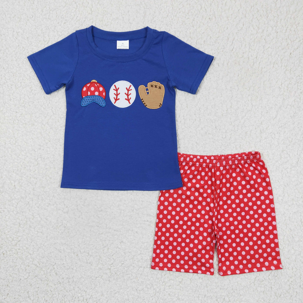 BSSO0098 Blue Short Sleeve Hat Ball Glove Embroidery Boys Red Dots Set