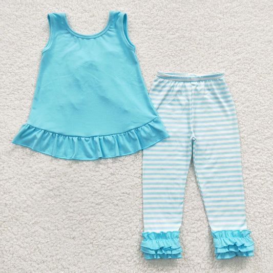 GSPO0504 Turquoise Bow Ruffle Sleeveless Striped Print Pants Girls Set