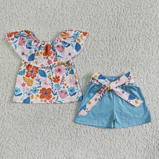 GSSO0099 Floral Print Blue Shorts Baby Girls Outfits