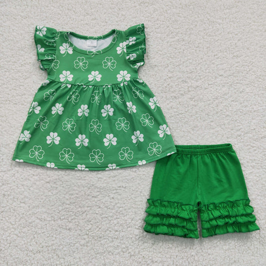 A11-21 St. Patrick's Day Green Flutter Sleeve Baby Girls Set