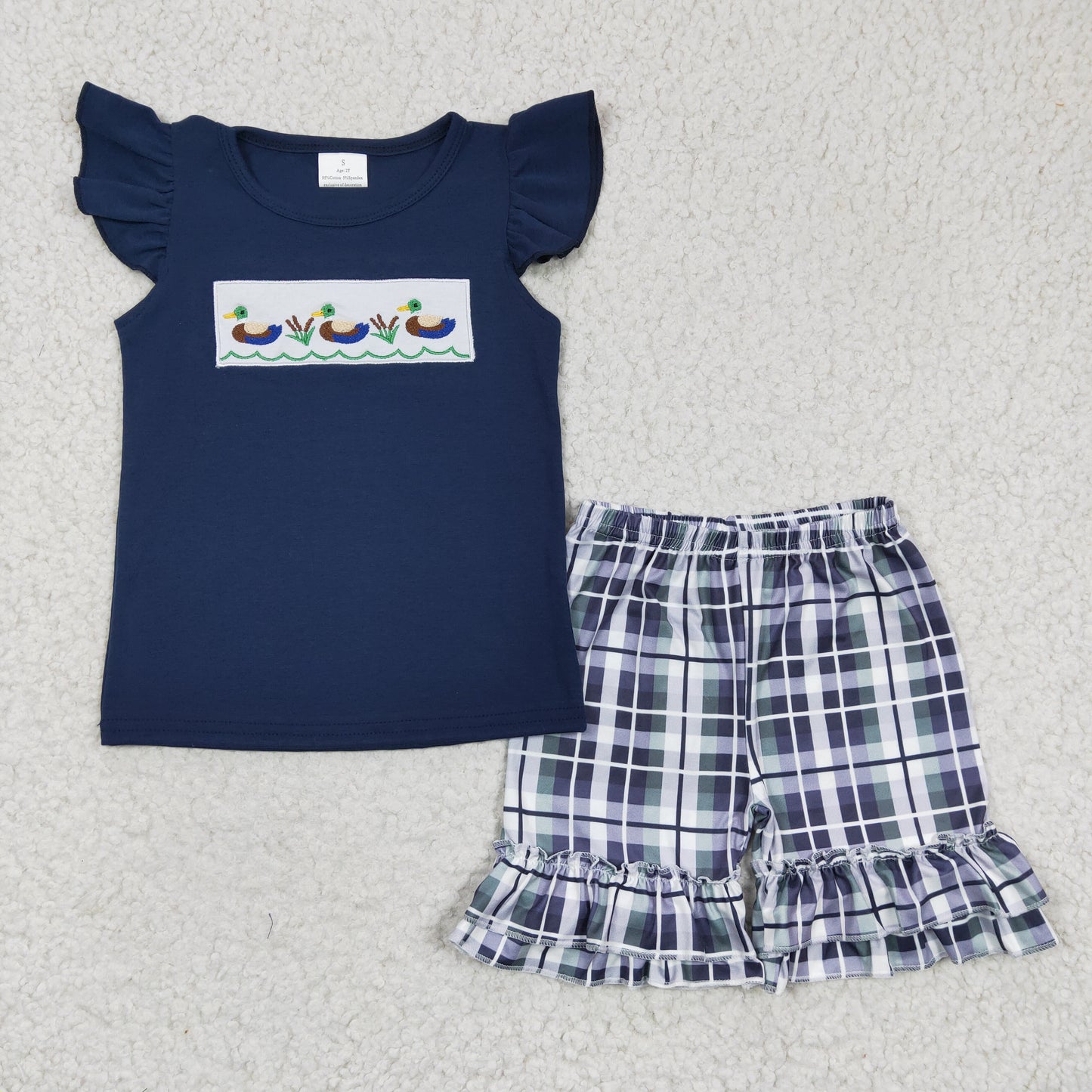 GSSO0156  Navy Teal Duck Flutter Sleeve Summer Baby Girls Plaid Print Kids Set