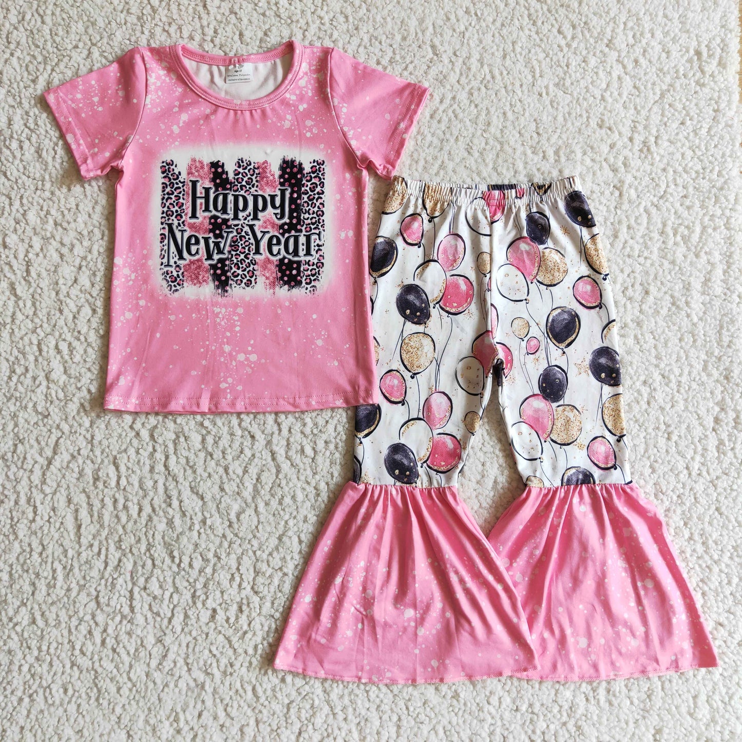 GSPO0204 Pink Leopard Happy New Year Short Sleeve Balloon Pants Girls Set