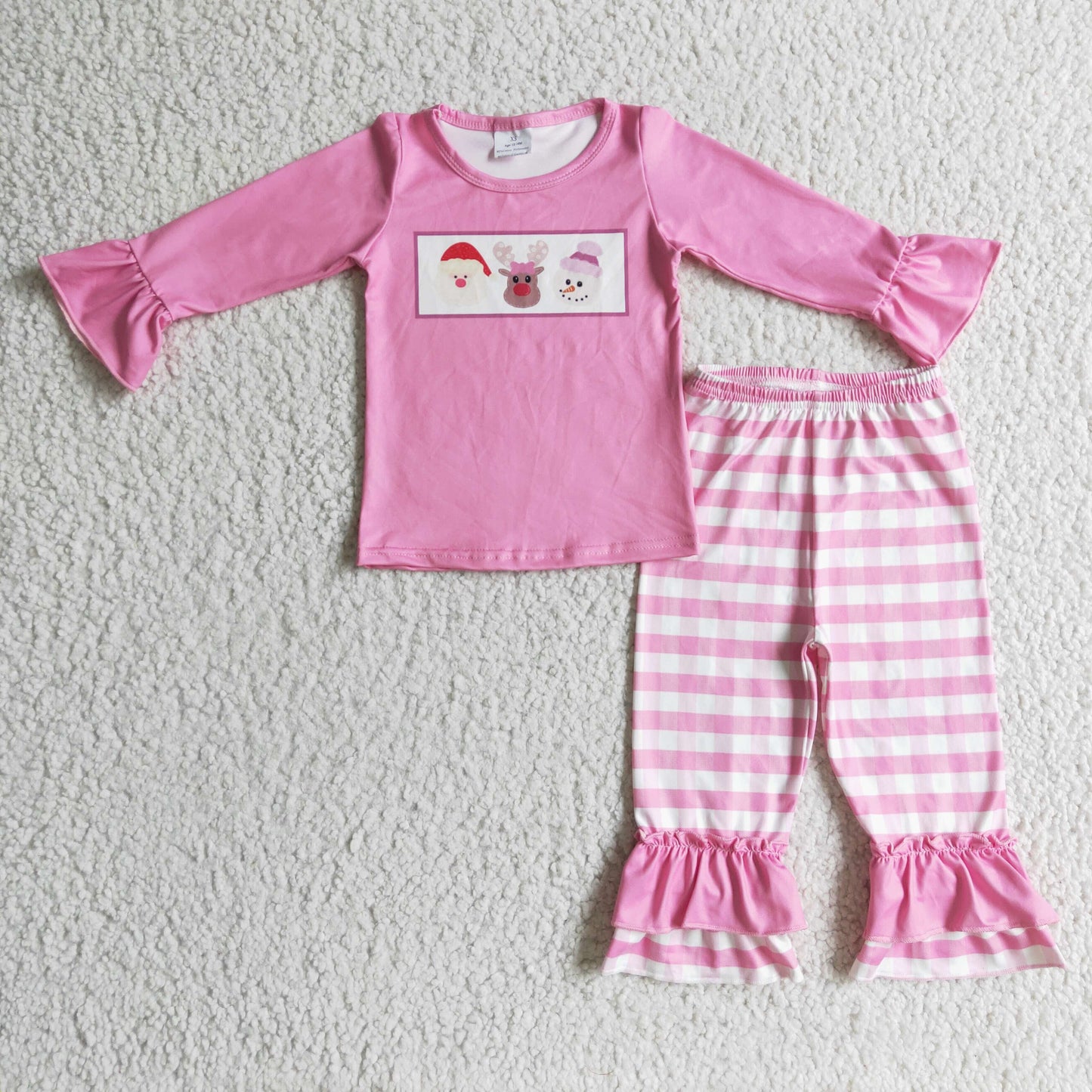 GLP0315 Pink Christmas Santa Deer Long Sleeve Pink Checkered Pants Girls Outfits
