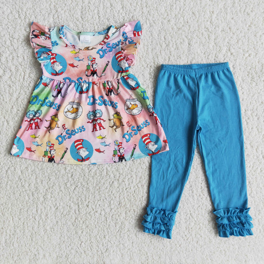 Dr Flutter Sleeve Blue Ruffles Pants Girls Outfits