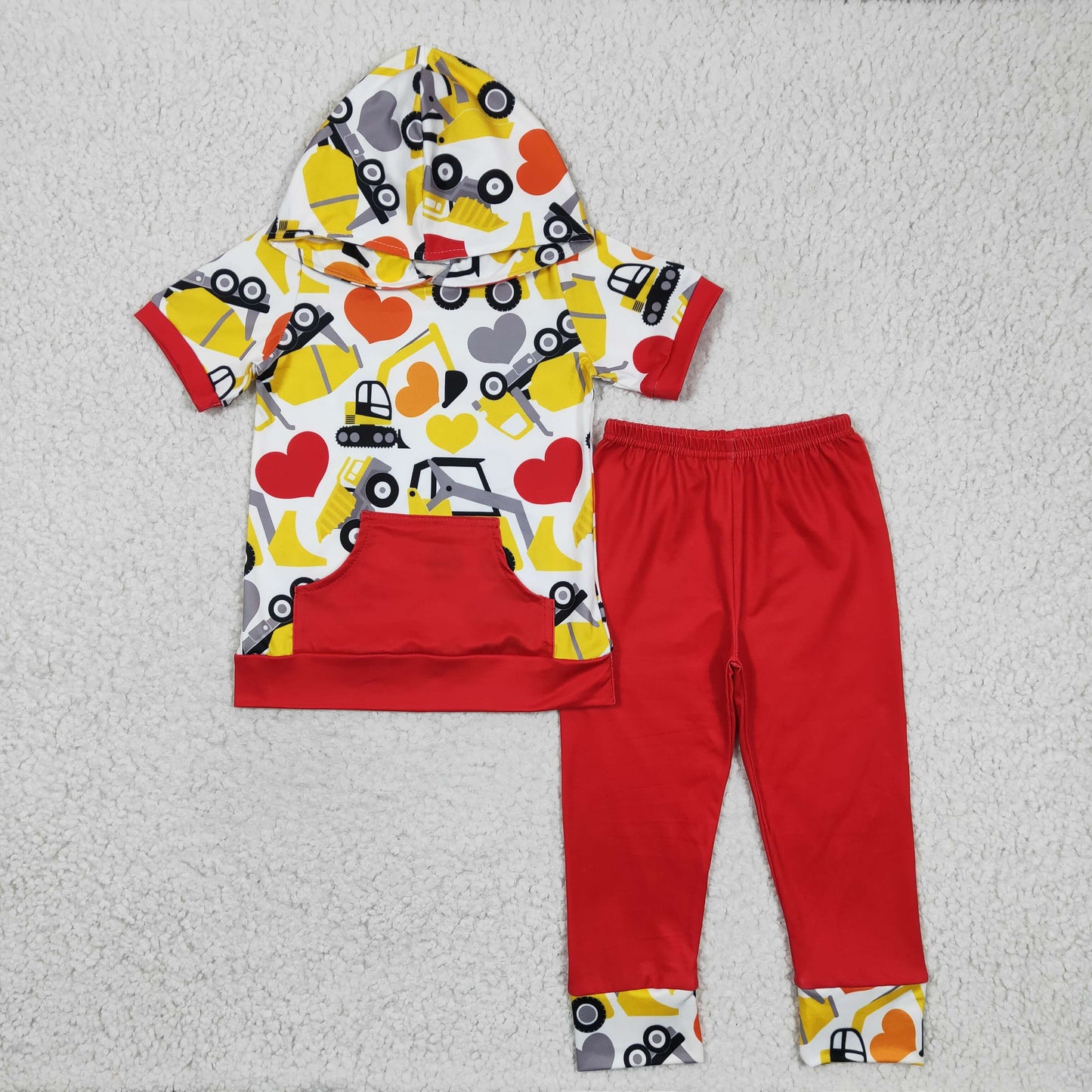 BSPO0050 Valentine Love Truck Red Pocket Short Sleeve Hoodie Boys Set
