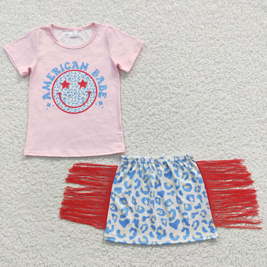 GSD0339 American Babe 4th Of July Smile Short Sleeve Tassels Skirt Baby Girls Dress Set