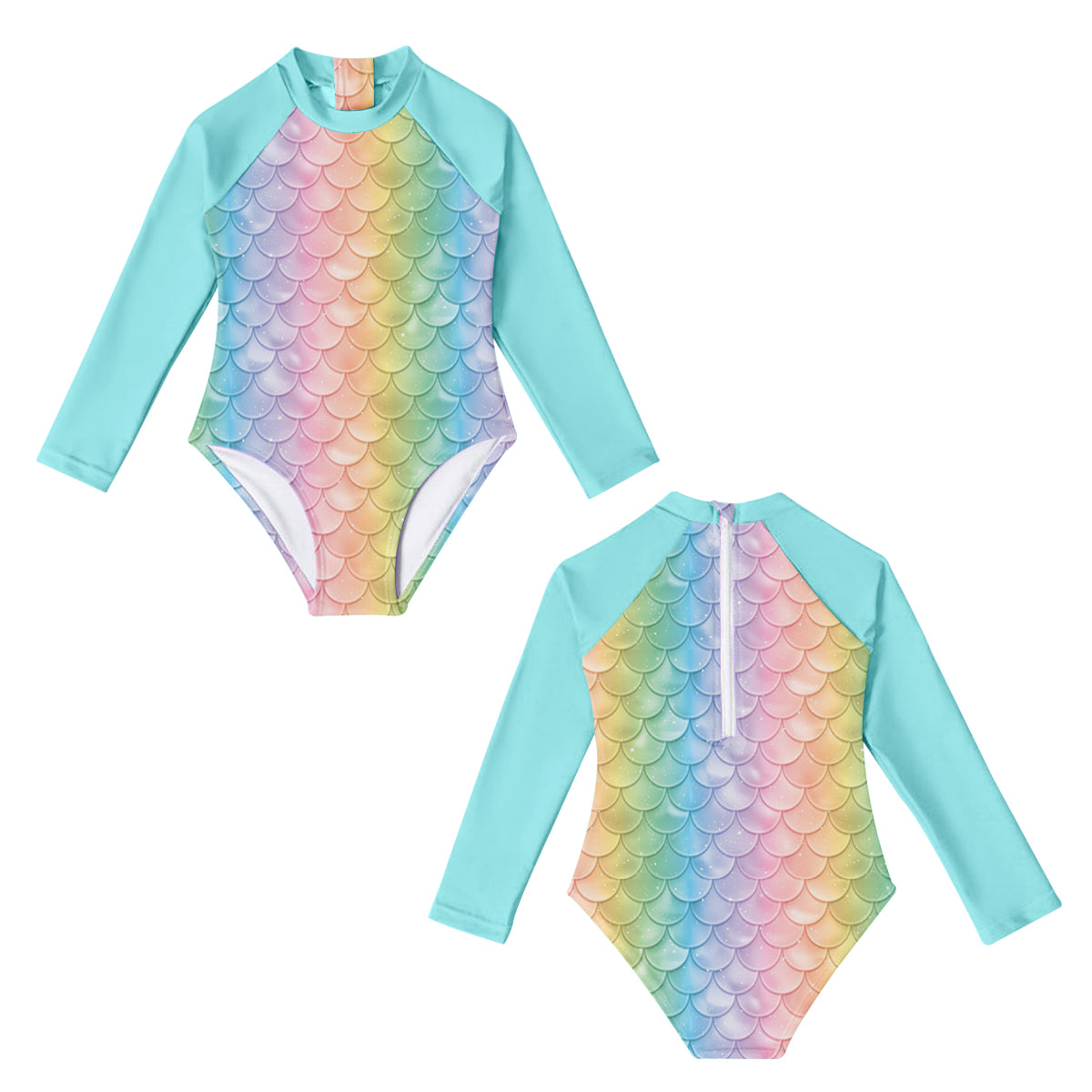 S0075 Blue Mermaid Scale Girls Long Sleeve Bathing Suits Swimsuits