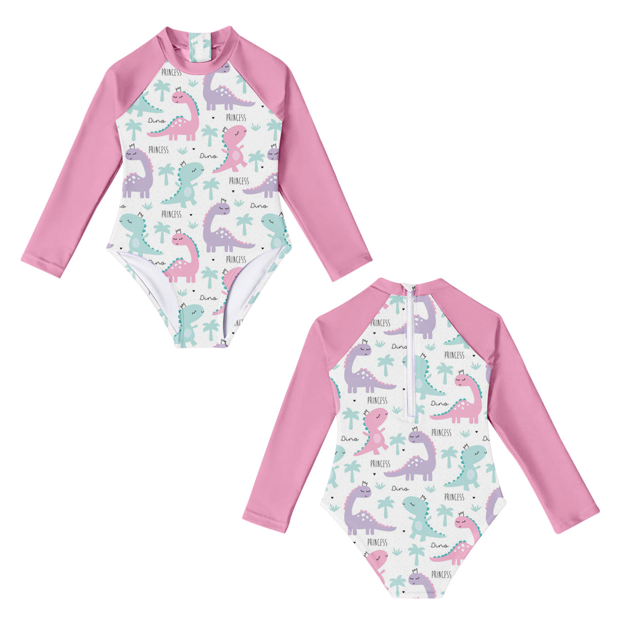 S0076 Pink Dinosaur Girls Long Sleeve Bathing Suits Swimsuits