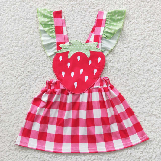 GSD0241 Green Flutter Sleeve Strawberry Embroidery Red Plaid Girls Dress