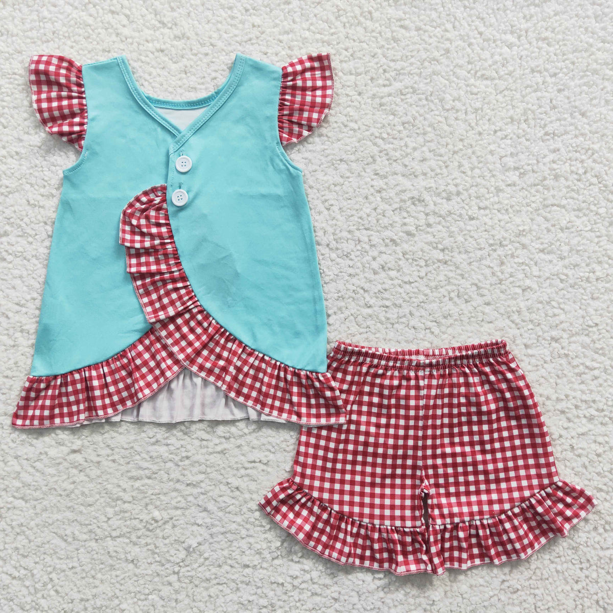 GSSO0134 Hello Summer Red Plaid Print Flutter Sleeve Shorts Girls Set